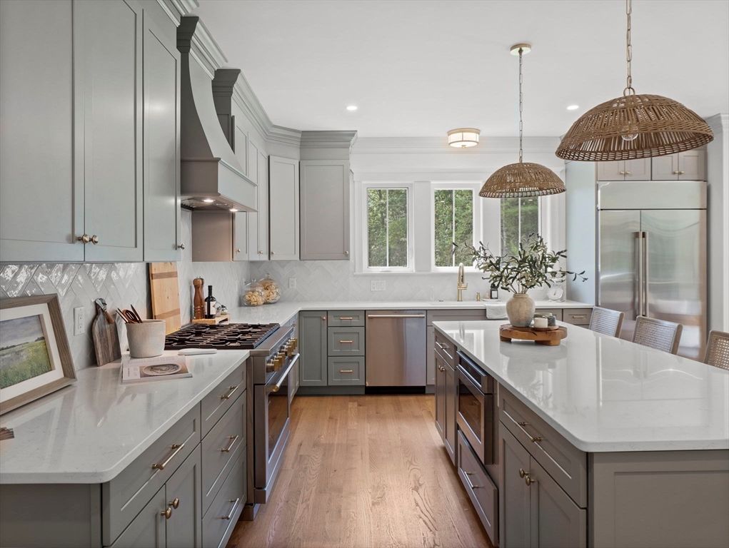 Interior, Kitchen, Pendant Lights, Recessed Lighting, Stainless Steel Appliances, Wood Texture Flooring