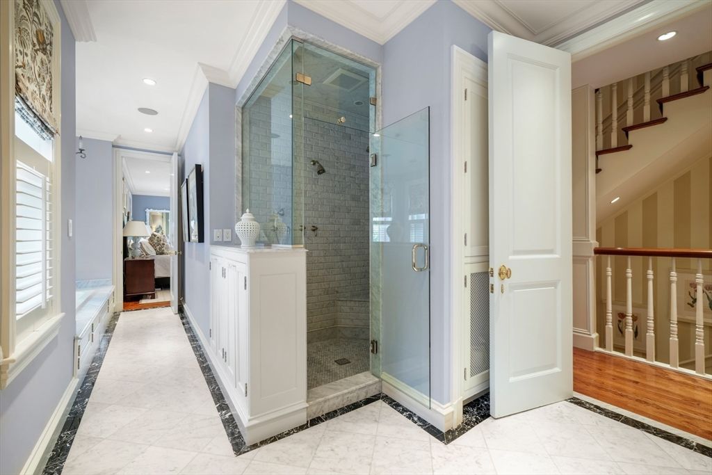 Bathroom, Glass Shower, Interior, Recessed Lighting, Wood Texture Flooring