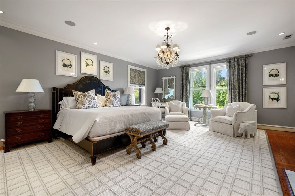 Bedroom, Chandelier, Interior, Recessed Lighting, Wood Texture Flooring