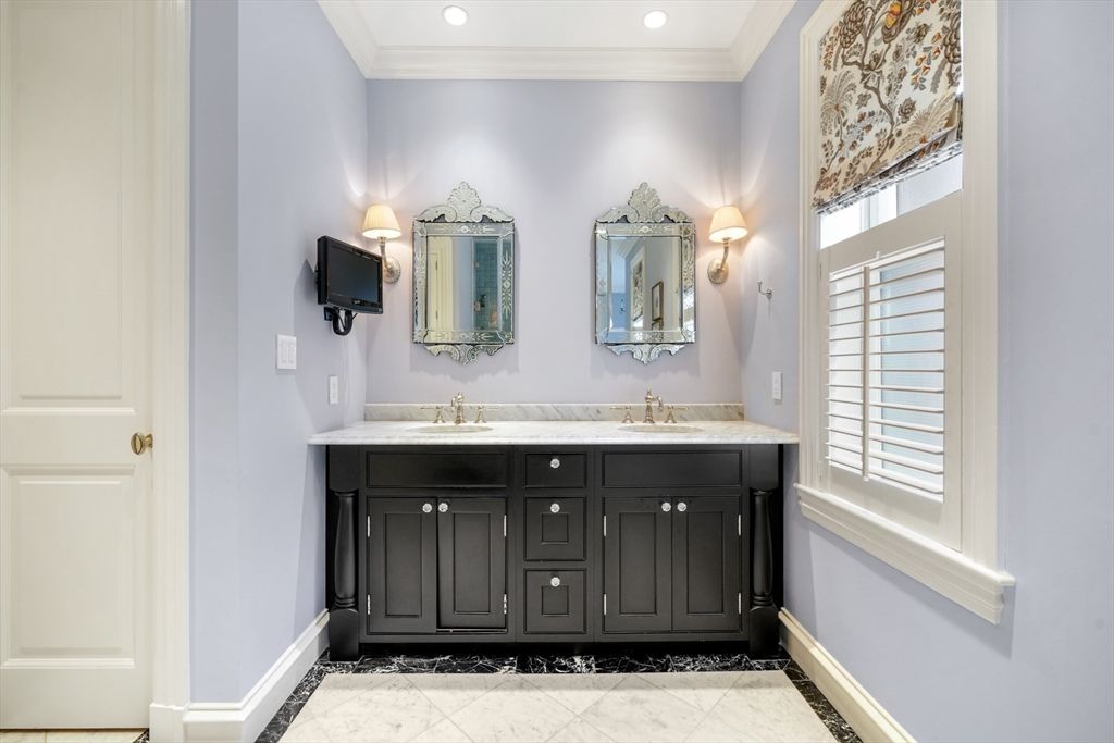 Bathroom, Dual Sink Vanities, Interior, Marble, Recessed Lighting