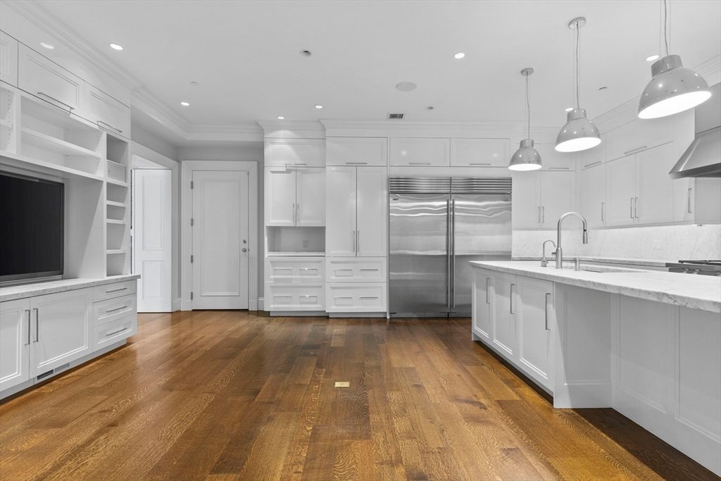 Interior, Kitchen, Pendant Lights, Recessed Lighting, Stainless Steel Appliances, Wood Texture Flooring