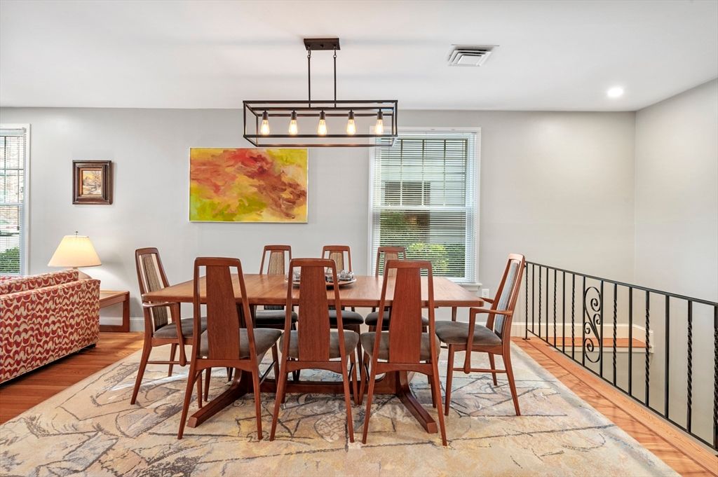 Dining room, Interior, Pendant Lights, Recessed Lighting, Wood Texture Flooring
