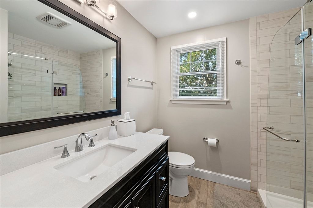 Bathroom, Glass Shower, Interior, Recessed Lighting, Wood Texture Flooring