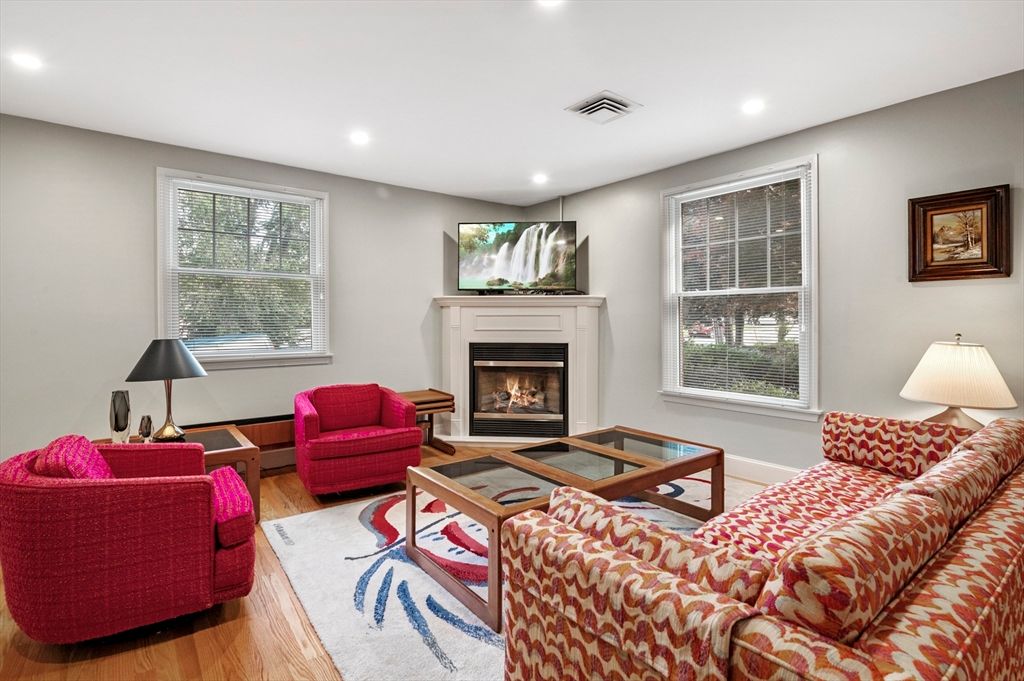 Fireplace, Interior, Living room, Recessed Lighting, Wood Texture Flooring