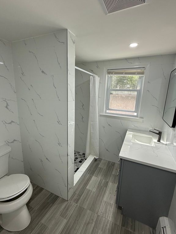 Bathroom, Interior, Marble Walls, Recessed Lighting, Wood Texture Flooring