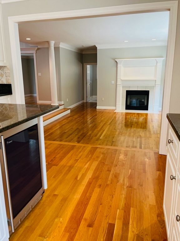 Empty room, Fireplace, Interior, Recessed Lighting, Wood Texture Flooring