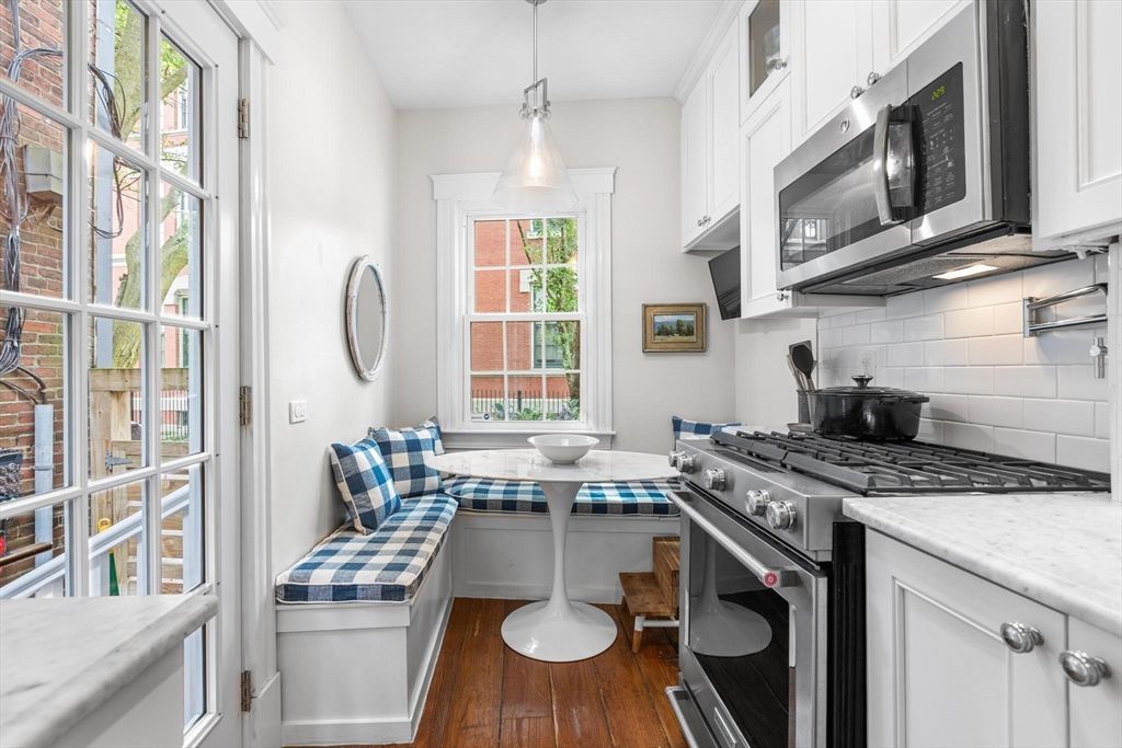 Interior, Kitchen, Pendant Lights, Stainless Steel Appliances, Tile Countertops, Wood Texture Flooring