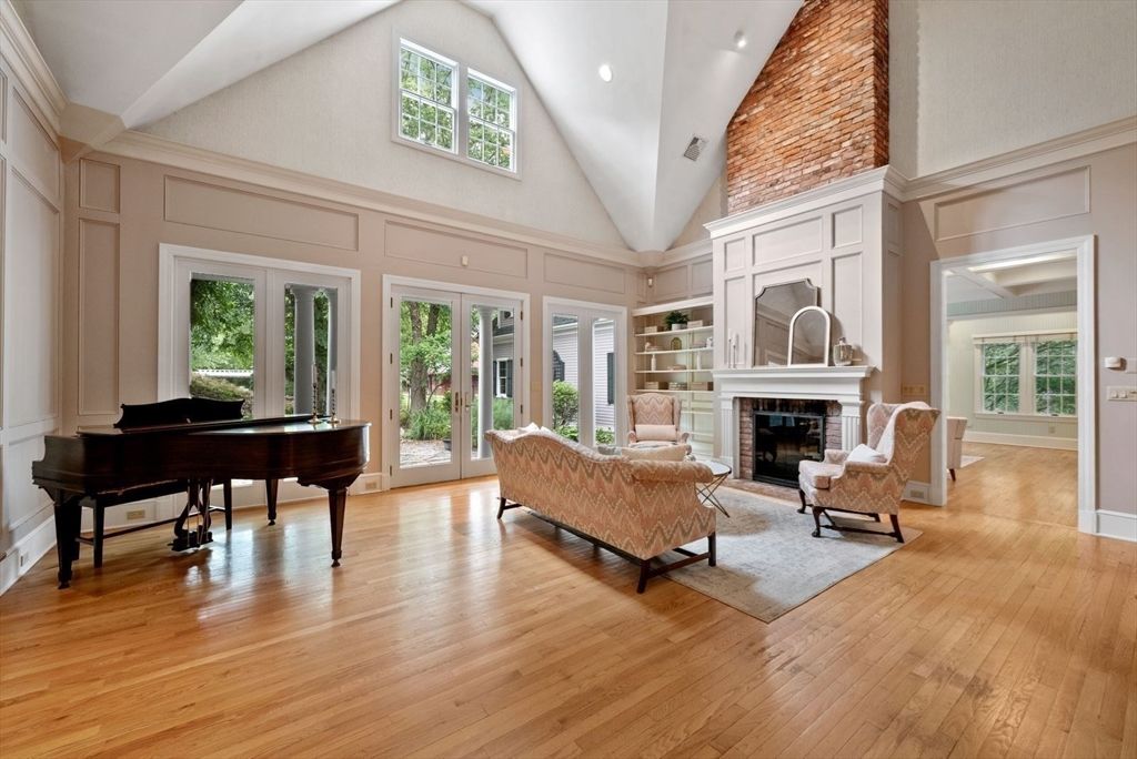 Fireplace, Interior, Living room, Piano, Recessed Lighting, Wood Texture Flooring