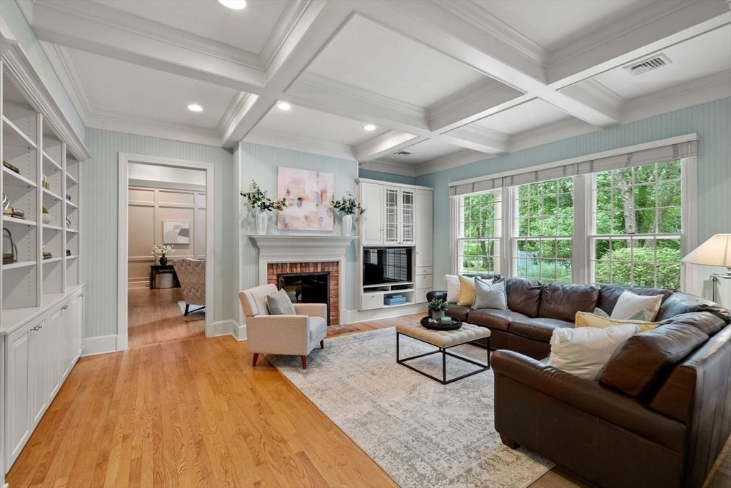 Fireplace, Interior, Living room, Recessed Lighting, Wood Texture Flooring