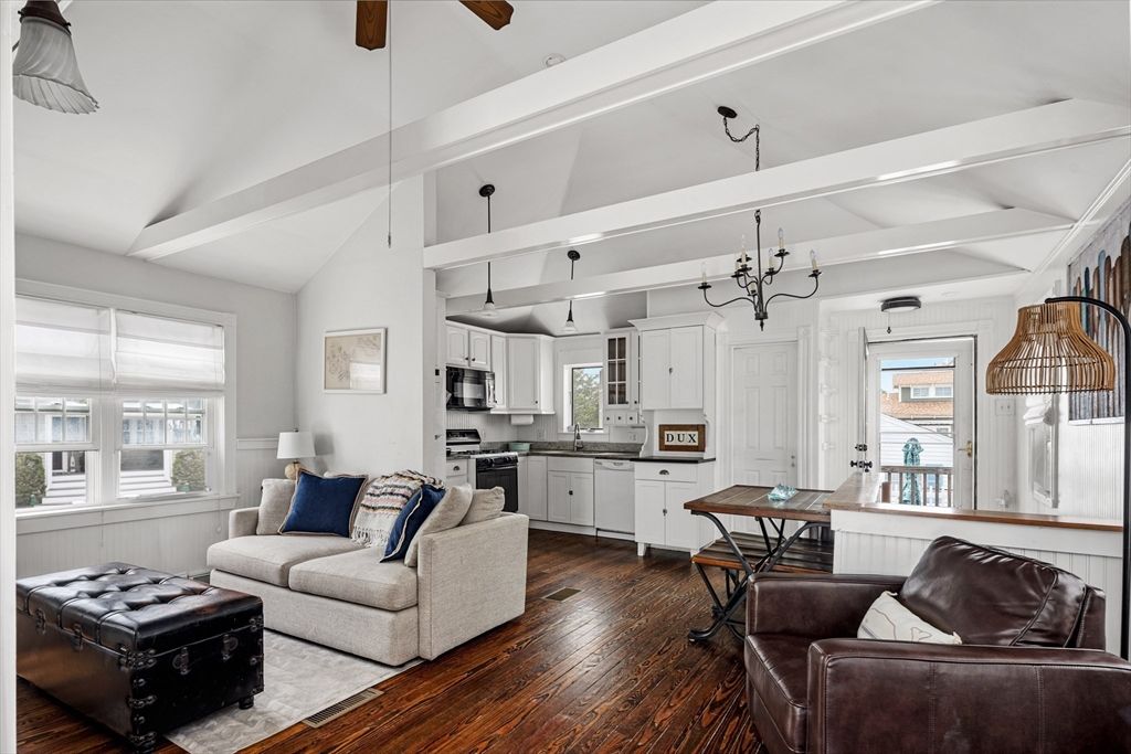 Dining room, Interior, Kitchen, Living room, Pendant Lights, Stainless Steel Appliances, Wood Texture Flooring