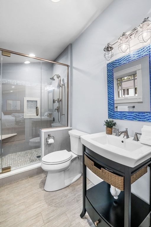 Bathroom, Glass Shower, Interior, Wood Texture Flooring
