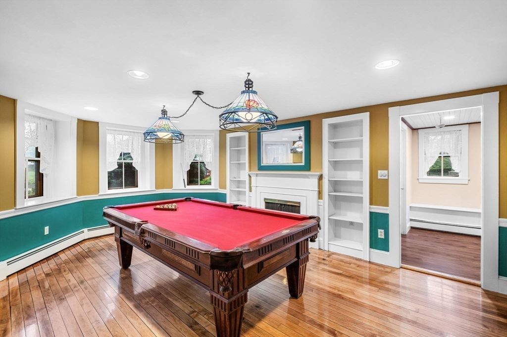 Billiard Table, Fireplace, Game Room, Interior, Recessed Lighting, Wood Texture Flooring
