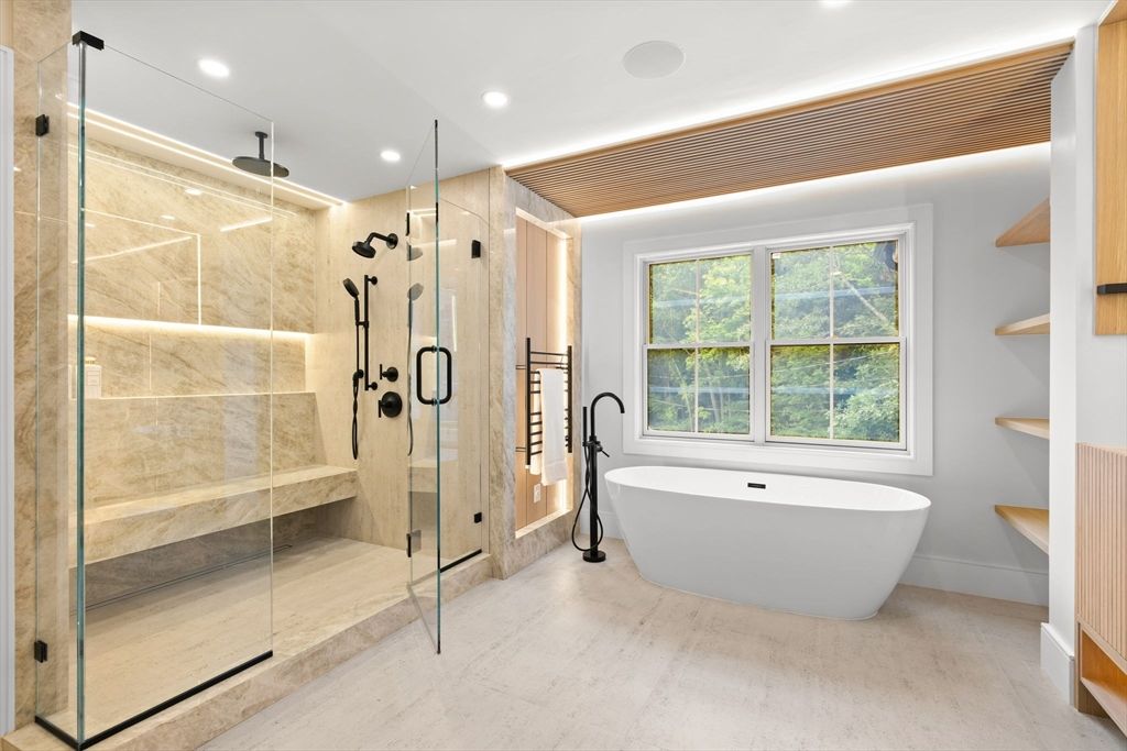 Bathroom, Free Standing Baths, Glass Shower, Interior, Recessed Lighting