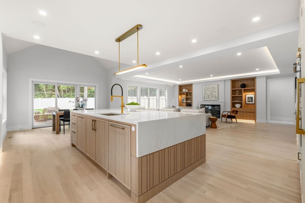 Dining room, Fireplace, Interior, Kitchen, Living room, Pendant Lights, Recessed Lighting, Wood Texture Flooring