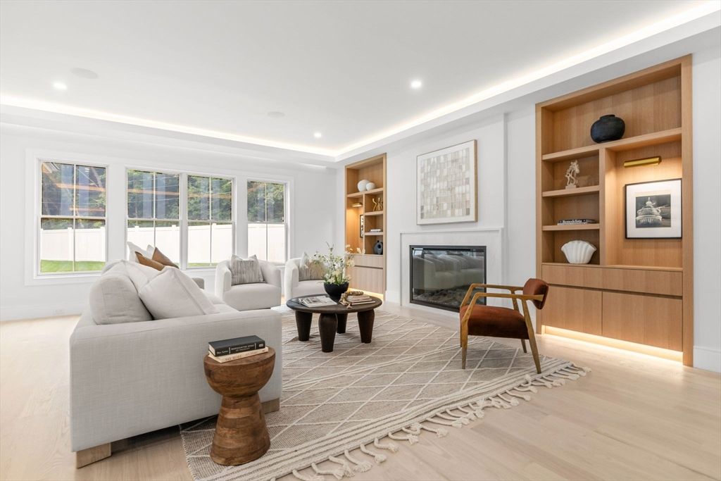 Fireplace, Interior, Living room, Recessed Lighting, Wood Texture Flooring