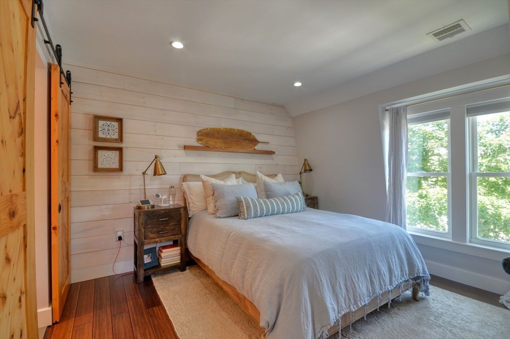Bedroom, Interior, Recessed Lighting, Wood Texture Flooring, Wooden Walls