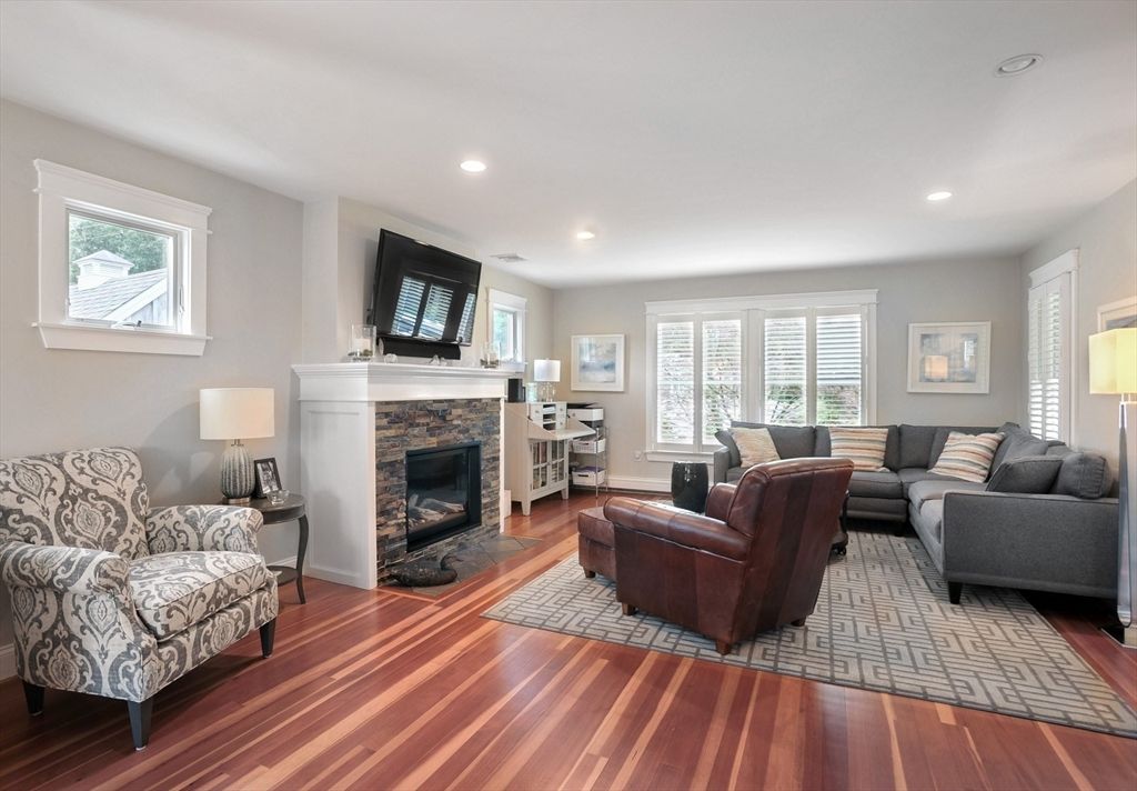 Fireplace, Interior, Living room, Recessed Lighting, Wood Texture Flooring
