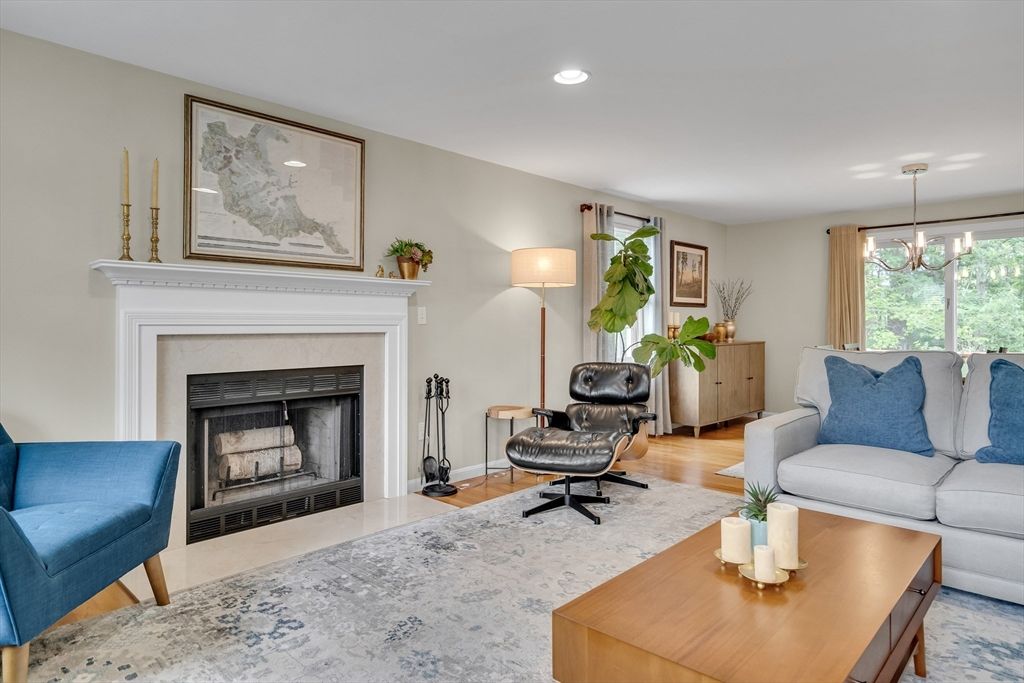 Fireplace, Home Office, Interior, Living room, Pendant Lights, Recessed Lighting, Wood Texture Flooring