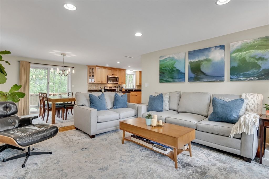 Chandelier, Dining room, Interior, Kitchen, Living room, Recessed Lighting, Stainless Steel Appliances, Wood Texture Flooring