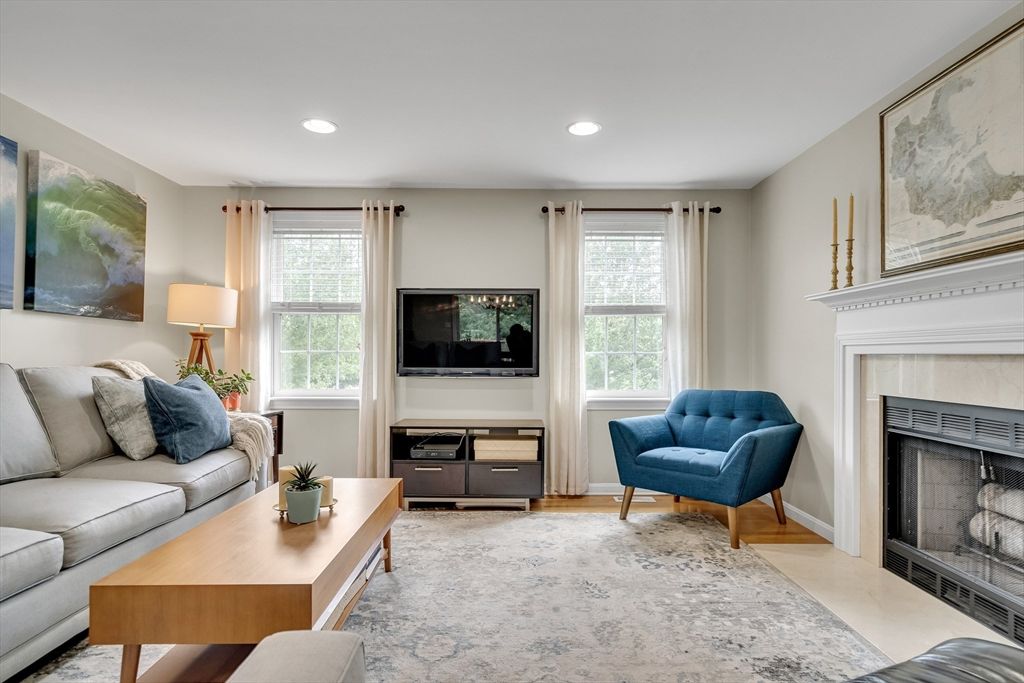 Fireplace, Interior, Living room, Recessed Lighting, Wood Texture Flooring