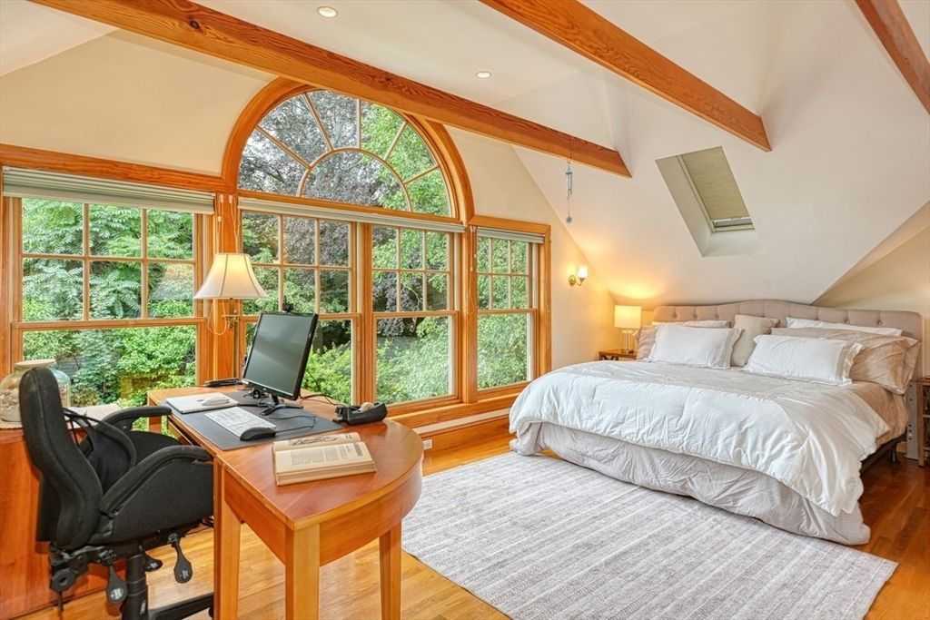 Bedroom, Home Office, Interior, Recessed Lighting, Wooden Beams, Wood Texture Flooring