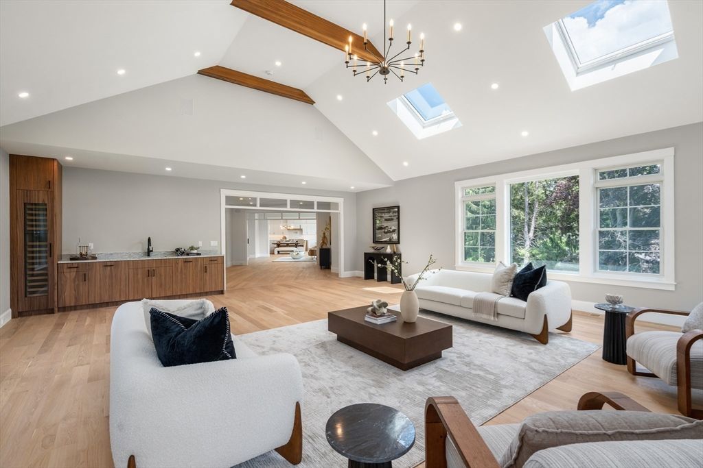 Fireplace, Interior, Living room, Pendant Lights, Recessed Lighting, Wood Texture Flooring, Wooden Walls