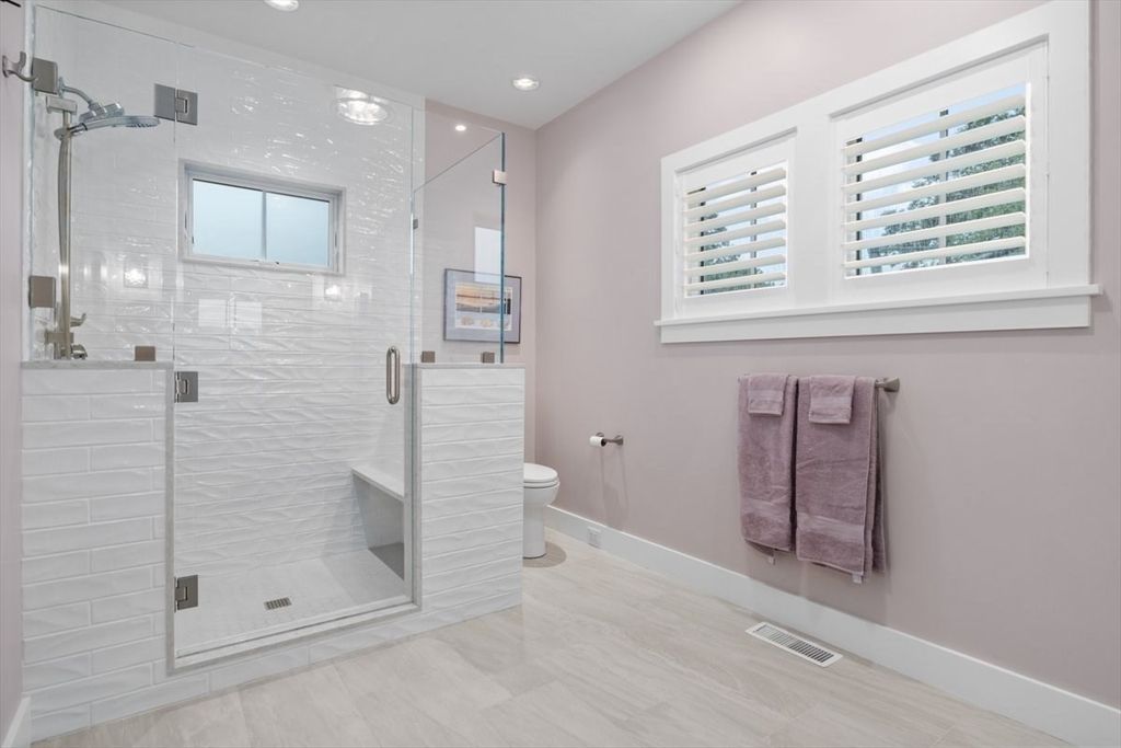 Bathroom, Glass Shower, Interior, Recessed Lighting, Wood Texture Flooring
