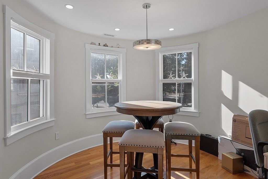 Dining room, Interior, Pendant Lights, Recessed Lighting, Wood Texture Flooring