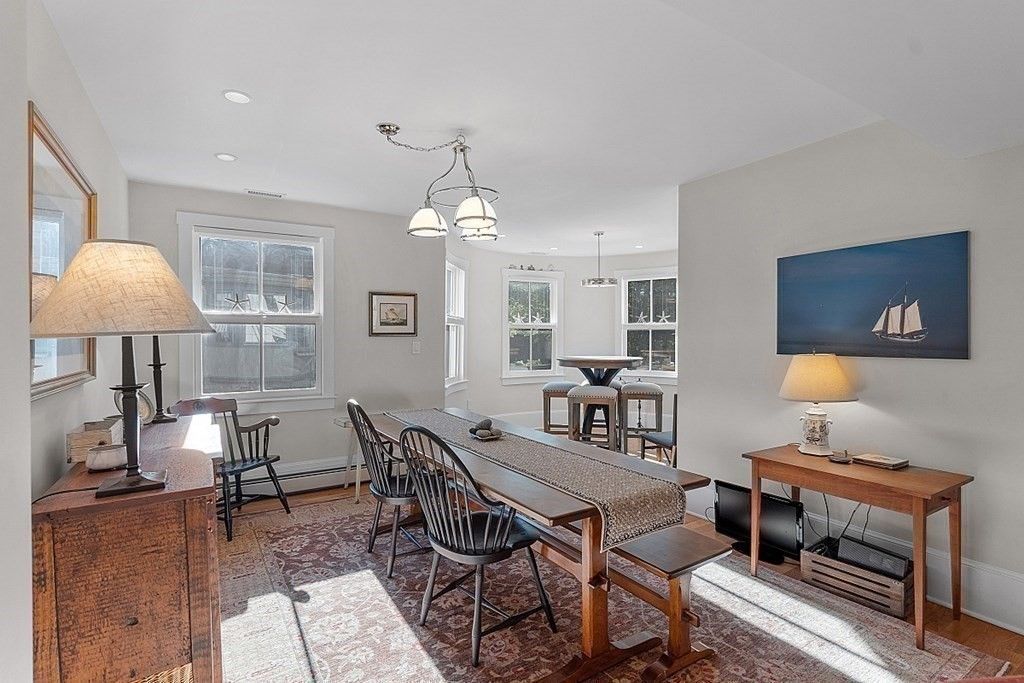 Dining room, Interior, Pendant Lights, Recessed Lighting, Wood Texture Flooring