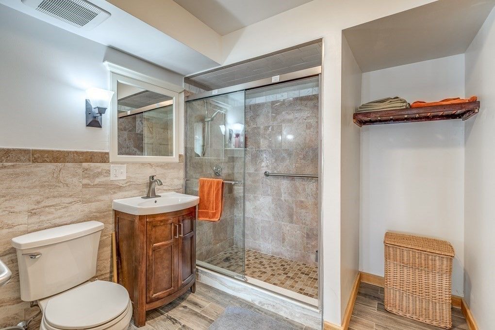 Bathroom, Glass Shower, Interior, Wood Texture Flooring