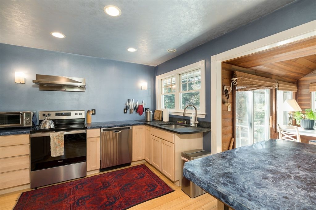Interior, Kitchen, Recessed Lighting, Stainless Steel Appliances, Wooden Ceilings, Wood Texture Flooring