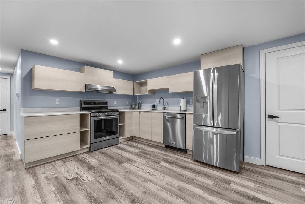 Interior, Kitchen, Recessed Lighting, Stainless Steel Appliances, Wood Texture Flooring