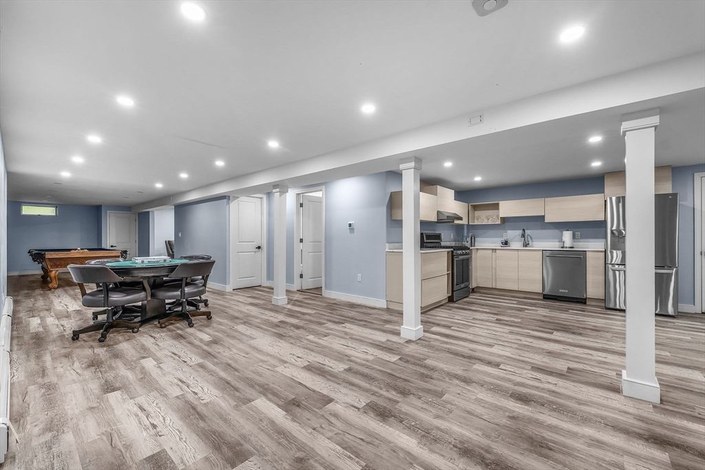 Billiard Table, Dining room, Game Room, Interior, Kitchen, Recessed Lighting, Stainless Steel Appliances, Wood Texture Flooring