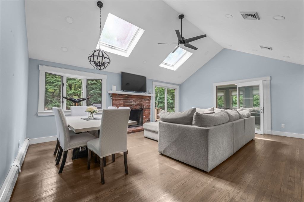Dining room, Fireplace, Interior, Living room, Pendant Lights, Wood Texture Flooring