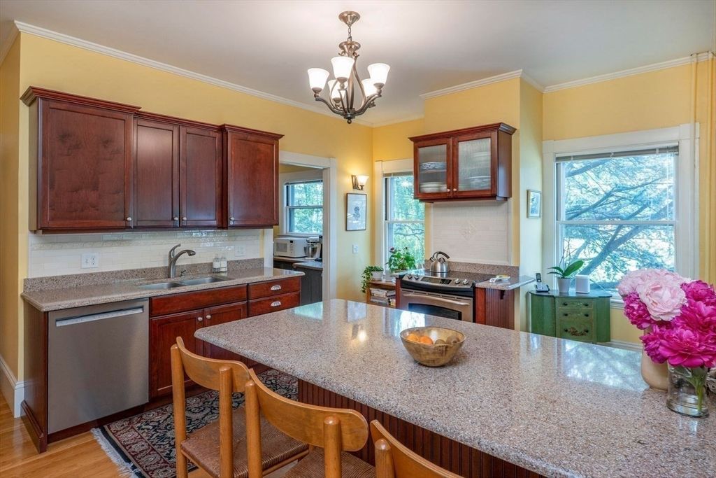 Chandelier, Interior, Kitchen, Stainless Steel Appliances, Wood Texture Flooring