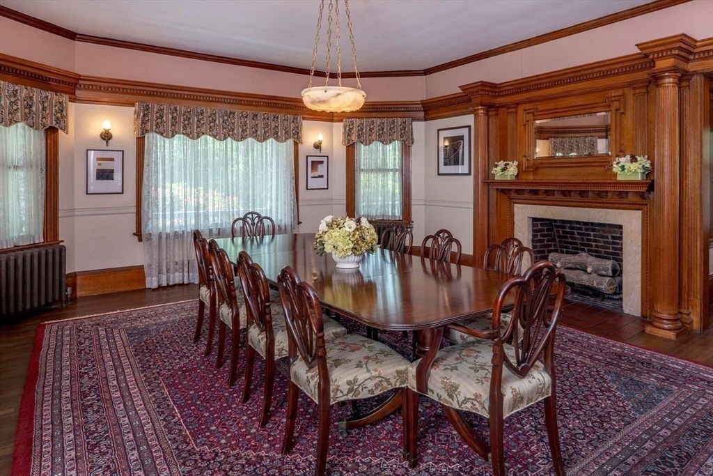 Dining room, Fireplace, Interior, Pendant Lights, Wood Texture Flooring