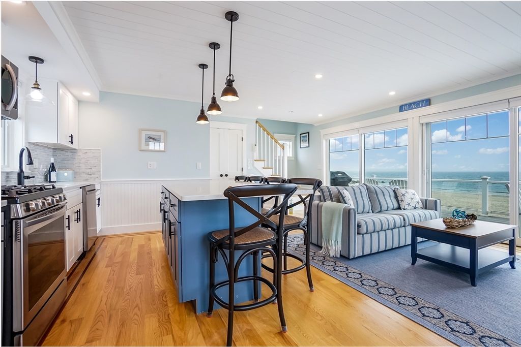 Interior, Kitchen, Living room, Pendant Lights, Recessed Lighting, Stainless Steel Appliances, Water, Wood Texture Flooring