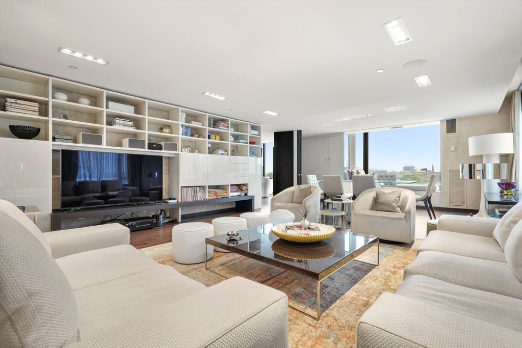 Dining room, Fireplace, Interior, Living room, Recessed Lighting, Wood Texture Flooring