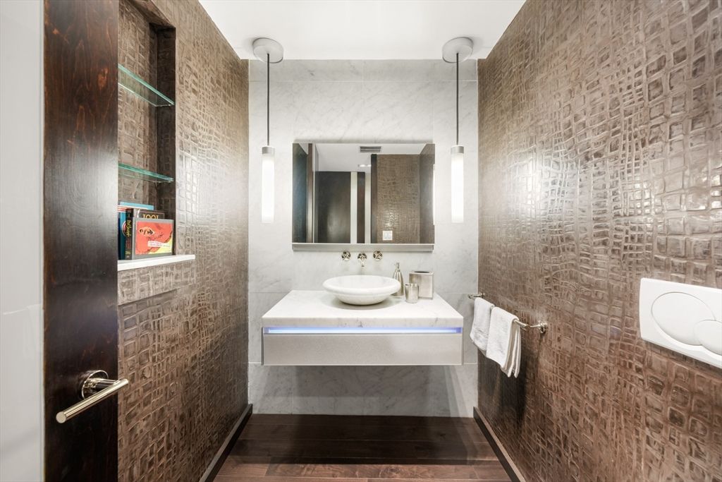 Bathroom, Dual Sink Vanities, Interior, Pendant Lights, Wood Texture Flooring
