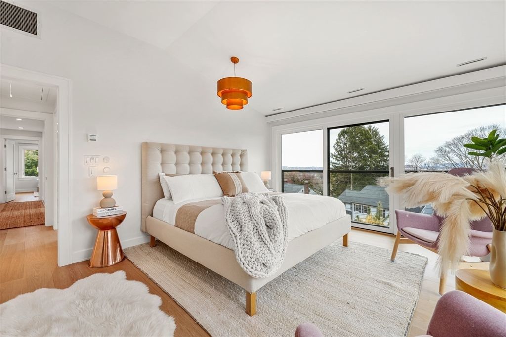 Bedroom, Interior, Pendant Lights, Recessed Lighting, Wood Texture Flooring