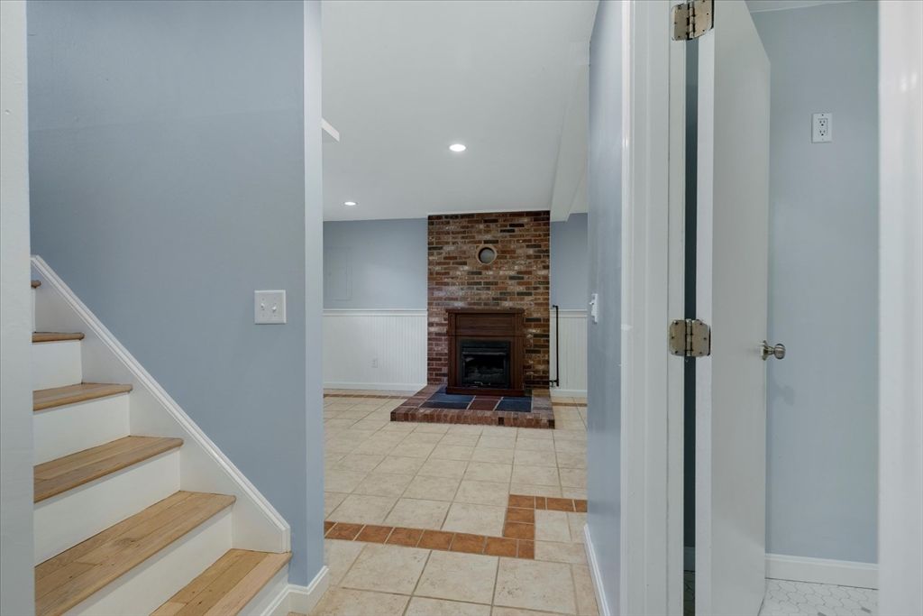 Fireplace, Interior, Recessed Lighting, Stone Walls