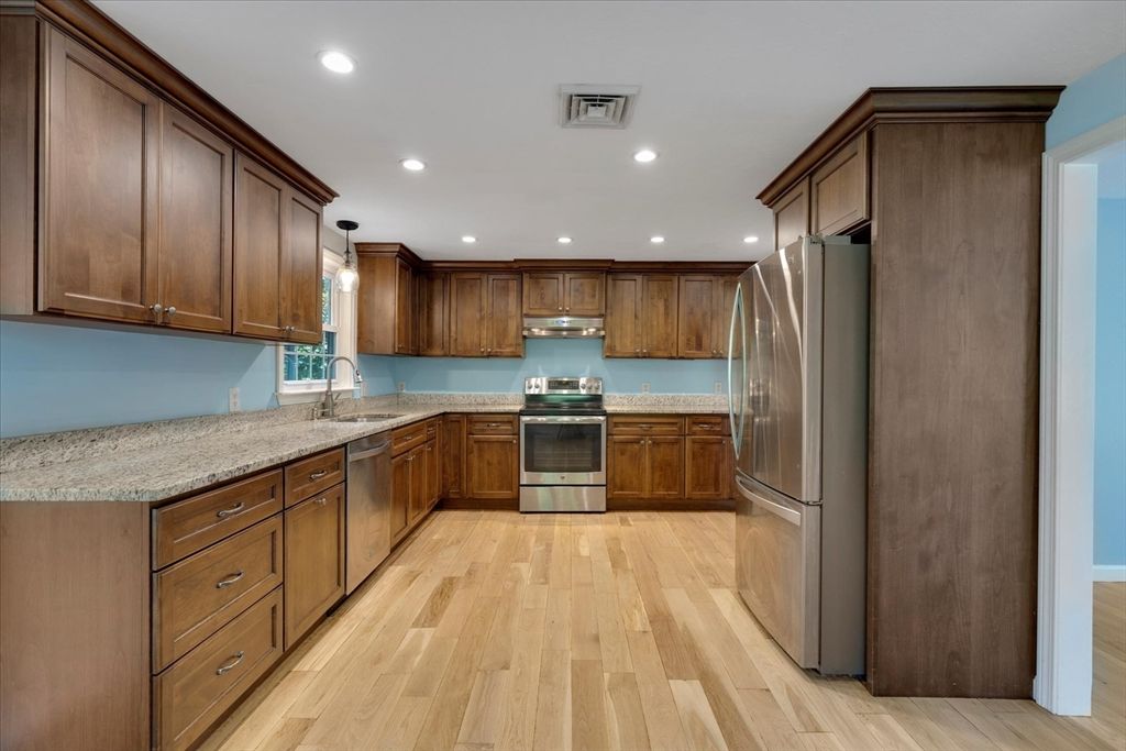 Interior, Kitchen, Recessed Lighting, Stainless Steel Appliances, Wood Texture Flooring