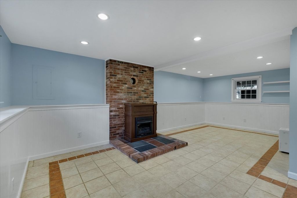 Empty room, Fireplace, Interior, Recessed Lighting, Stone Walls