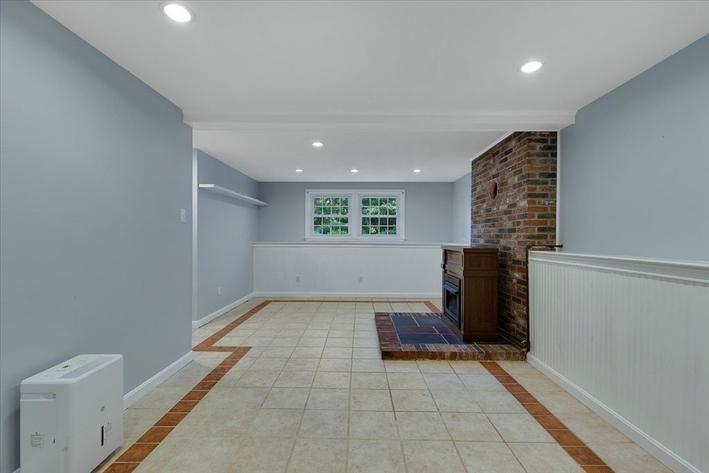 Fireplace, Interior, Recessed Lighting, Stone Walls