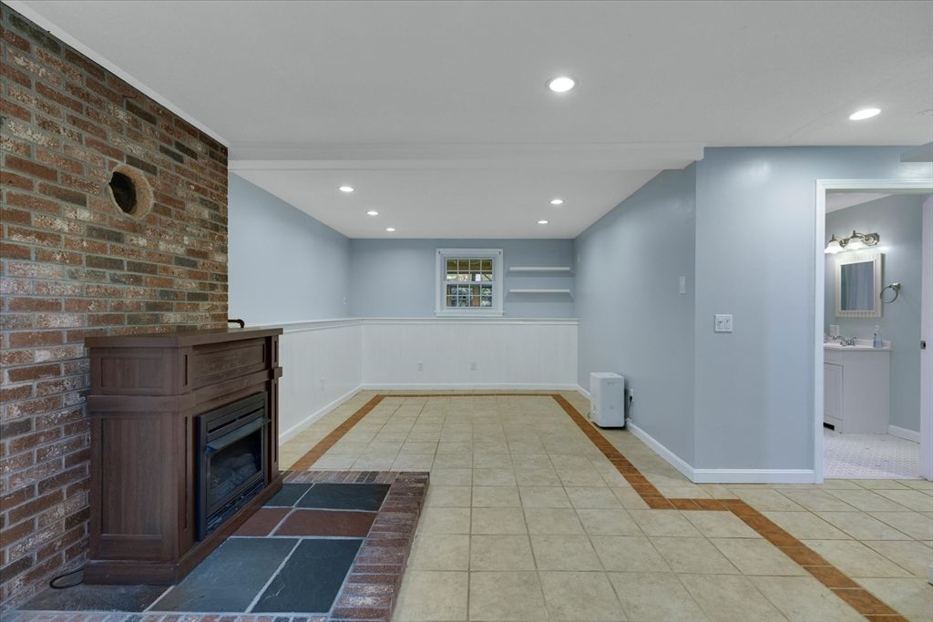 Empty room, Fireplace, Interior, Recessed Lighting, Stone Walls