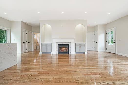 Empty room, Fireplace, Interior, Recessed Lighting, Wood Texture Flooring