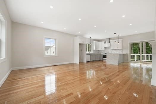 Empty room, Interior, Kitchen, Pendant Lights, Recessed Lighting, Wood Texture Flooring