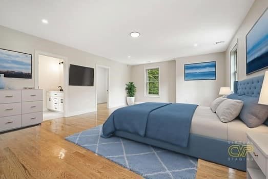 Bedroom, Interior, Recessed Lighting, Wood Texture Flooring