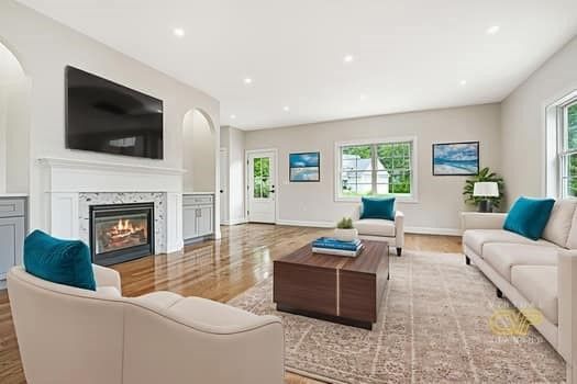 Fireplace, Interior, Living room, Recessed Lighting, Wood Texture Flooring