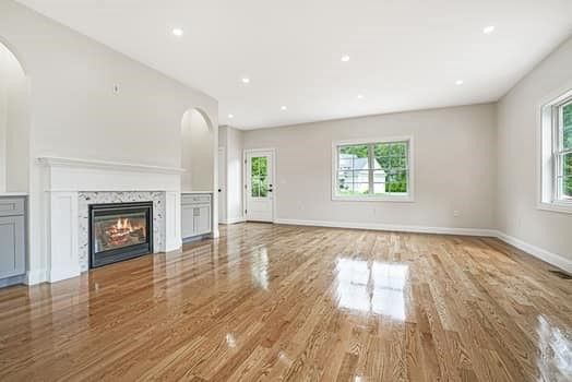 Empty room, Fireplace, Interior, Recessed Lighting, Wood Texture Flooring